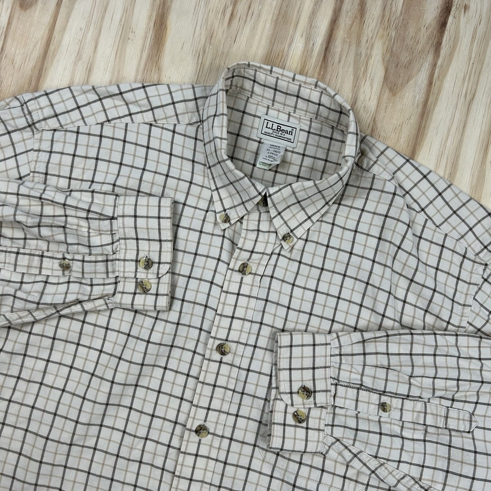 L.L.Bean Men's Beige Brown Plaid Shirt FKU3 XL Regular Long Sleeve Cotton